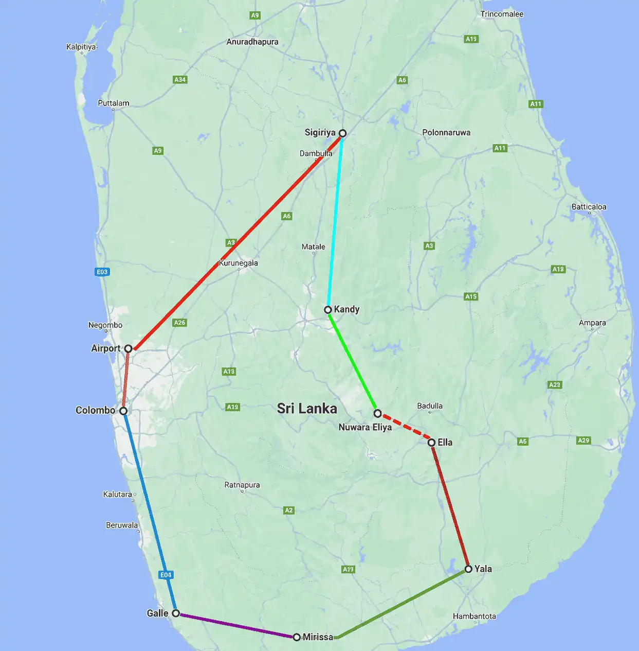 10-Day Tour Route Map — Sri Lanka