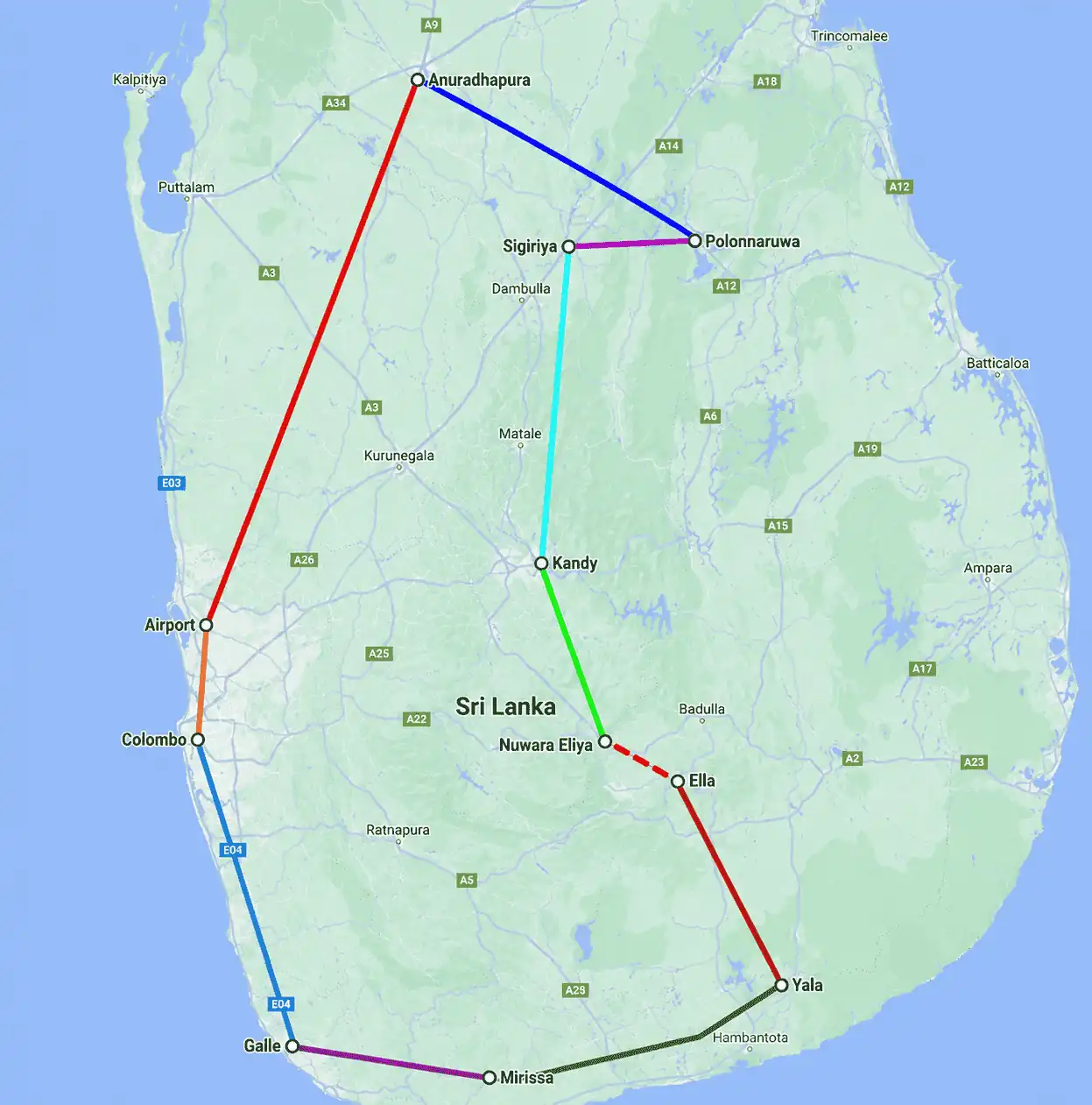 14-Day Tour Route Map — Sri Lanka