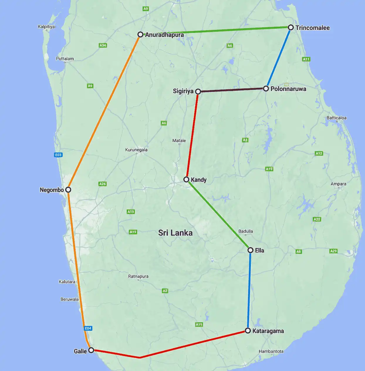 17-Day Tour Route Map — Sri Lanka