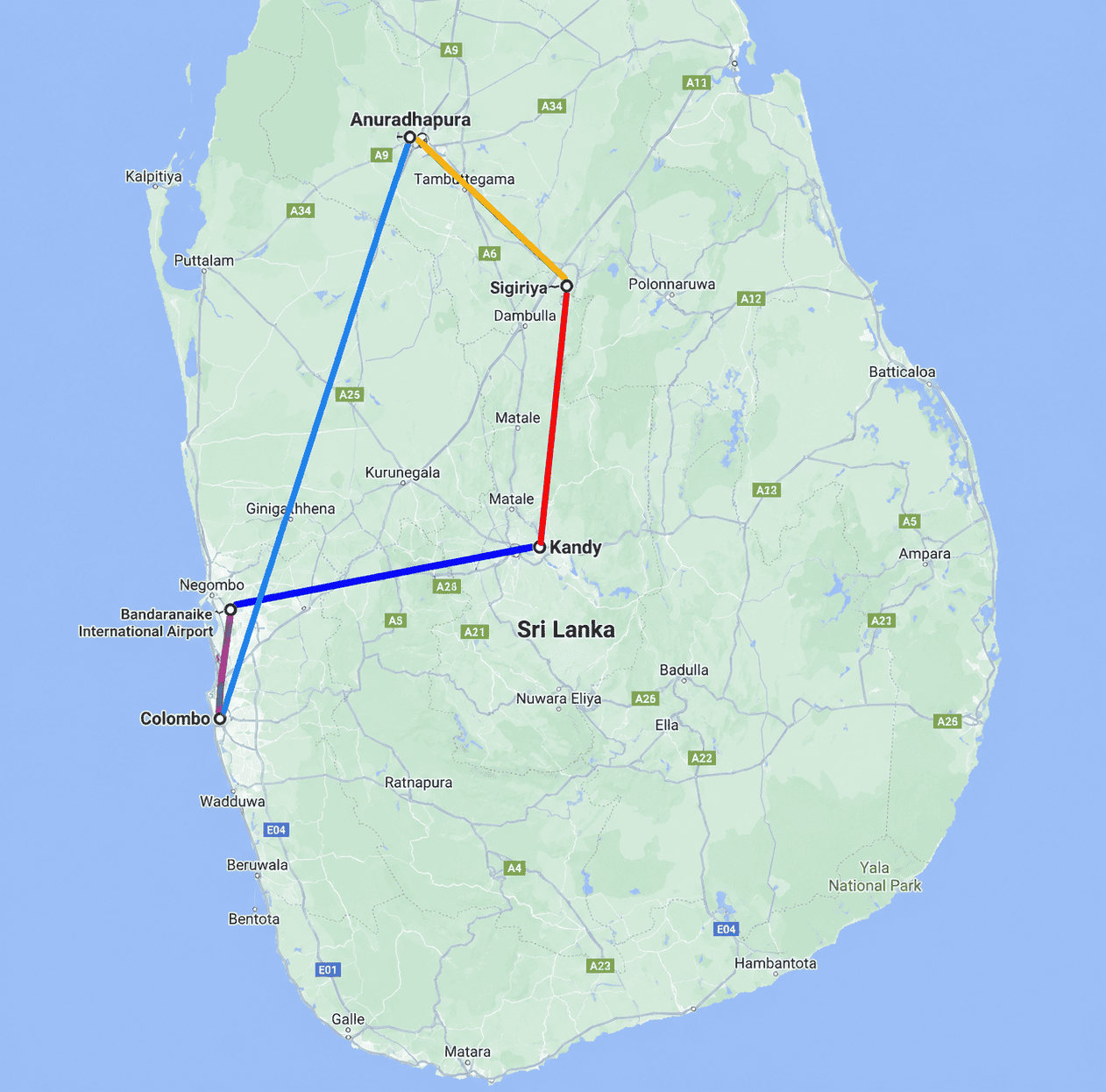 8-Day Tour Route Map — Sri Lanka