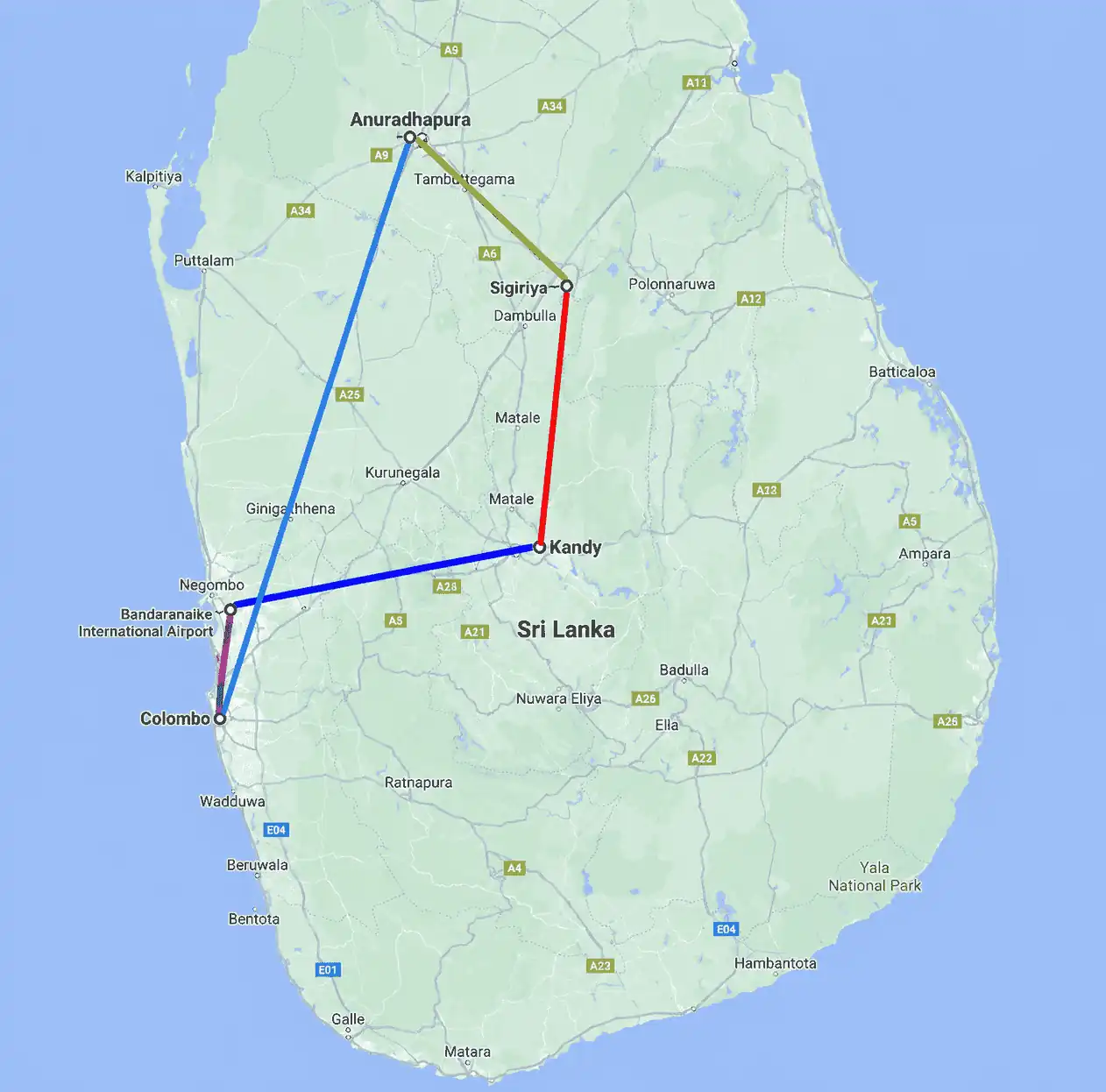 8-Day Tour Route Map — Sri Lanka